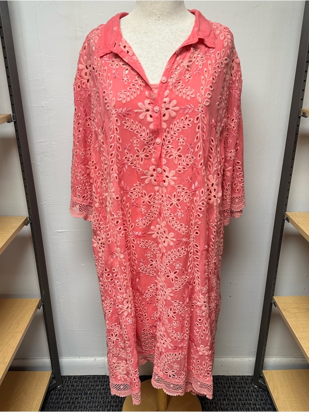 Johnny Was Coral Eyelet Midi Shirt Dress
